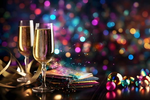 Champagne glasses with gold confetti and colorful bokeh effect in the background. New Year's fun and festivities. A time of celebration and resolutions.