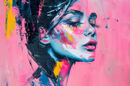 Abstract creative painting of beautiful young woman on a pink background, modern art