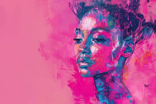 Abstract creative painting of beautiful young woman on a pink background, modern art