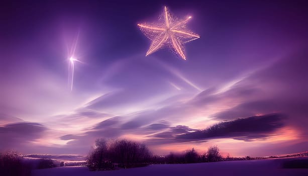 Purple sky over snow-covered landscape, star in the sky. The Christmas star as a symbol of the birth of the savior. A Time of Joy and Celebration.