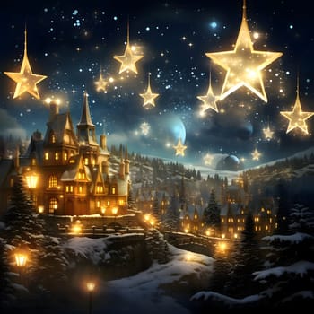 Golden stars in the sky, in the background castles of houses, snowy pine trees. The Christmas star as a symbol of the birth of the savior. A Time of Joy and Celebration.