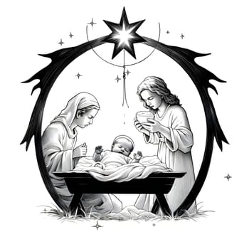 Black and White coloring sheet of a manger, a born baby and two angels. The Christmas star as a symbol of the birth of the savior. A Time of Joy and Celebration.