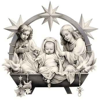 Black and White coloring sheet of a manger, a born baby and two angels. The Christmas star as a symbol of the birth of the savior. A Time of Joy and Celebration.