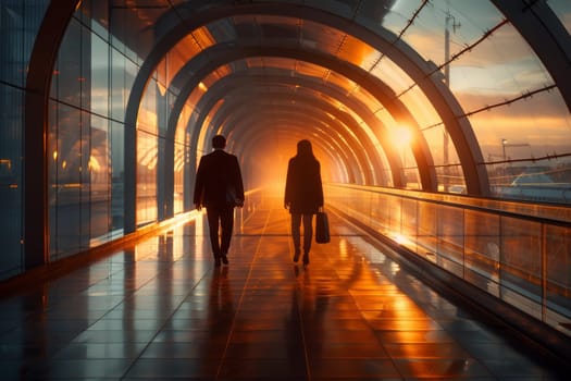 A man and woman walk through a glass tunnel with a sunset in the background.