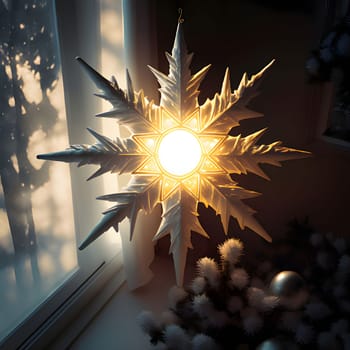 A large snowflake style star, shining with light. The Christmas star as a symbol of the birth of the savior. A Time of Joy and Celebration.