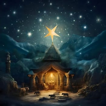 Bethlehem's stable on the night of the Nativity of Christ the Lord. The Christmas star as a symbol of the birth of the savior. A Time of Joy and Celebration.
