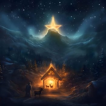 Bethlehem's stable on the night of the Nativity of Christ the Lord. The Christmas star as a symbol of the birth of the savior. A Time of Joy and Celebration.