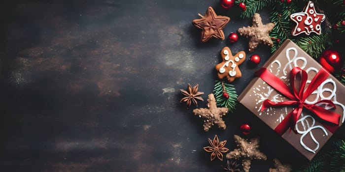 Top view of elegantly arranged gifts, gingerbread, pinecones, pine branches and Christmas trees on right.Christmas banner with space for your own content. Gray background color. Blank field for your inscription.