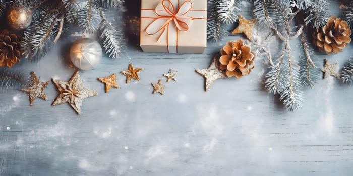 An overhead view of elegantly stacked gifts, stars, pinecones, pine branches and Christmas trees.Christmas banner with space for your own content. Light color background. Blank field for your inscription.