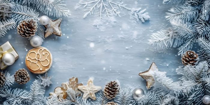 Top view of elegantly arranged gifts, stars, pinecones, pine branches and Christmas trees on the sides.Christmas banner with space for your own content. Light color background. Blank field for your inscription.