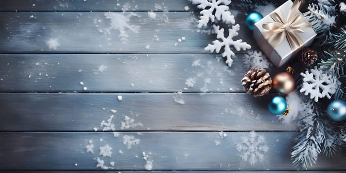 Top view of elegantly arranged gifts, stars, pinecones, pine branches and Christmas trees on the right.Christmas banner with space for your own content. Light color background. Blank field for your inscription.