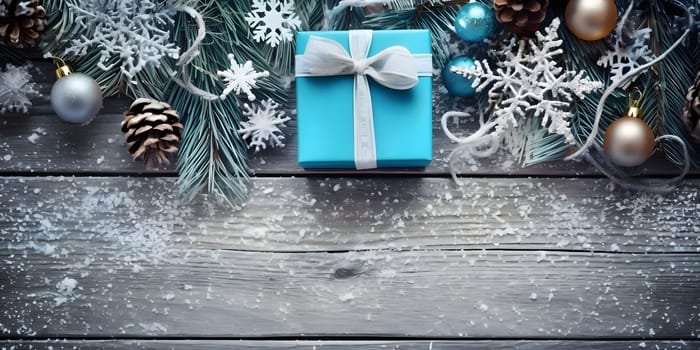 An overhead view of elegantly stacked gifts, stars, pinecones, pine branches and Christmas trees.Christmas banner with space for your own content. Light color background. Blank field for your inscription.