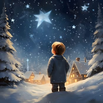 Illustration of a little boy in a winter landscape looking at the stars in the night sky. The Christmas star as a symbol of the birth of the savior. A Time of Joy and Celebration.