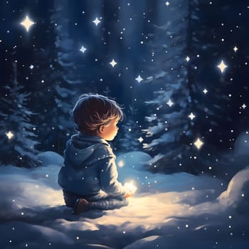 Illustration of a little boy in a winter landscape looking at the stars. The Christmas star as a symbol of the birth of the savior. A Time of Joy and Celebration.