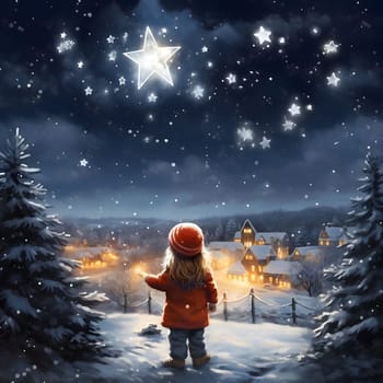 Illustration of a little girl in a winter landscape looking at the stars in the night sky. The Christmas star as a symbol of the birth of the savior. A Time of Joy and Celebration.