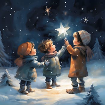 Illustration of three children in a winter landscape at night looking at the stars. The Christmas star as a symbol of the birth of the savior. A Time of Joy and Celebration.