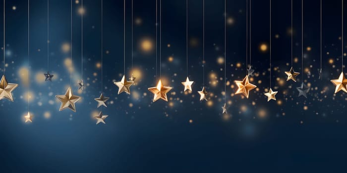 Gold stars on strings at the top. Bokeh effect in the background.Christmas banner with space for your own content. Blank field for your inscription.