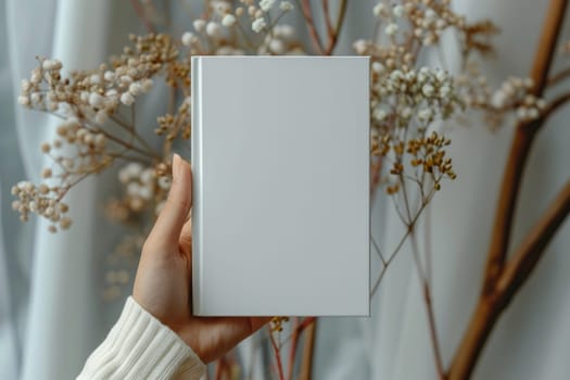 Hand holding white blank book mockup, isolated