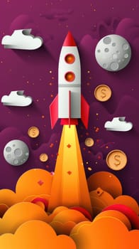 Minimalist paper cutout illustration of rocket is launching, coin and dollar bill