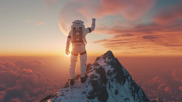 A person wearing a spacesuit walking up a mountain peak with Raise a fist
