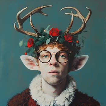 A man adorned with natural materials like antlers and a flower crown on his head, painted beautifully in a visual arts event. The headgear is a fashion accessory made from animal products