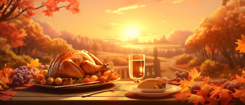 Banner wooden table with roast turkey with fruits, vegetables. Autumn leaves in the background view of the valley. Turkey as the main dish of thanksgiving for the harvest. An atmosphere of joy and celebration.