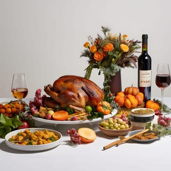 Prepared Thanksgiving feast with turkey, fruits, wine, flowers. Turkey as the main dish of thanksgiving for the harvest, picture on a white isolated background. An atmosphere of joy and celebration.