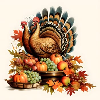 Illustration of two turkeys standing on a pile of vegetables, fruits, pumpkin grapes. Turkey as the main dish of thanksgiving for the harvest, picture on a white isolated background. An atmosphere of joy and celebration.