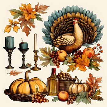 Illustration of turkey, grapes, pumpkins, bottles, candles, maple leaves. Turkey as the main dish of thanksgiving for the harvest, picture on a white isolated background. An atmosphere of joy and celebration.