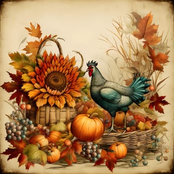 Antique illustration of turkey hen leaves grapes, pumpkins, harvest from the field. Turkey as the main dish of thanksgiving for the harvest, picture on a white isolated background. An atmosphere of joy and celebration.