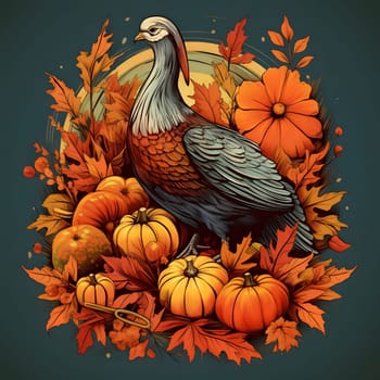 Illustration of a turkey surrounded by days with dry autumn leaves on a gray background. Turkey as the main dish of thanksgiving for the harvest, picture on a white isolated background. An atmosphere of joy and celebration.