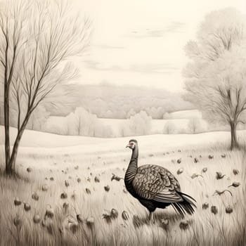 Black and White illustration, drawing, turkey in a field, around a tree, valley. Turkey as the main dish of thanksgiving for the harvest, picture on a white isolated background. An atmosphere of joy and celebration.