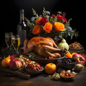 Pile of food, Roast turkey fruit, vegetables, bottle, wine, glasses and flowers on dark background. Turkey as the main dish of thanksgiving for the harvest, picture on a white isolated background. An atmosphere of joy and celebration.