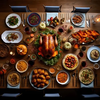 Top view of a set table, in the middle of it roast turkey, pumpkins, nagets. Turkey as the main dish of thanksgiving for the harvest, picture on a white isolated background. An atmosphere of joy and celebration.