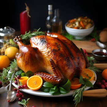 Roast turkey on a plate decorated with lemons, oranges to a circle of bottle spices. Turkey as the main dish of thanksgiving for the harvest. An atmosphere of joy and celebration.