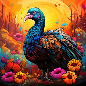 Illustration of colorful turkey around flowers in the background sunset, Paint, Watercolor. Turkey as the main dish of thanksgiving for the harvest. An atmosphere of joy and celebration.