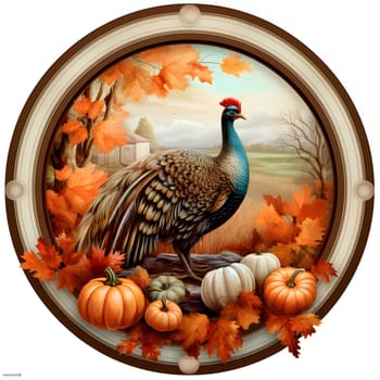 A circle, a medal, a sticker, and a turkey, pumpkins and autumn leaves. Turkey as the main dish of thanksgiving for the harvest. An atmosphere of joy and celebration.