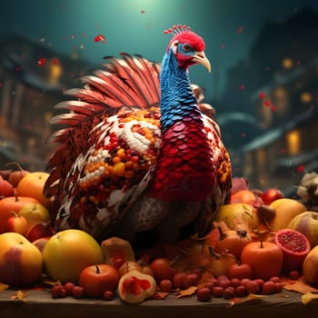 Colorful 3D turkey around apples, avocados, harvest from the orchard. Turkey as the main dish of thanksgiving for the harvest. An atmosphere of joy and celebration.