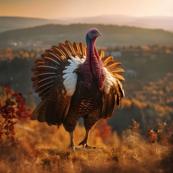 Colorful big 3D turkey in a clearing in the background view of valleys and Forest. Turkey as the main dish of thanksgiving for the harvest. An atmosphere of joy and celebration.