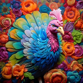 Colorful turkey or 3D all around colorful flowers. Turkey as the main dish of thanksgiving for the harvest. An atmosphere of joy and celebration.