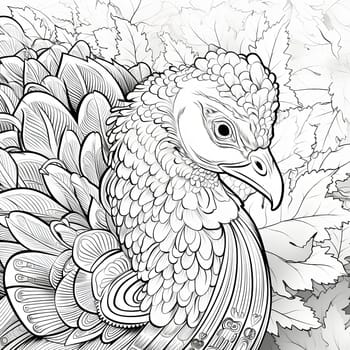 Black and White coloring book, turkey and autumn leaves. Turkey as the main dish of thanksgiving for the harvest. An atmosphere of joy and celebration.