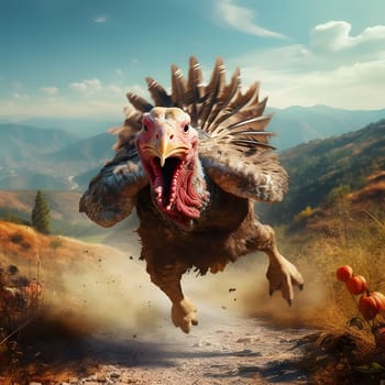 A big, frightened 3D turkey in flight in a clearing. Close-up view. Turkey as the main dish of thanksgiving for the harvest. An atmosphere of joy and celebration.