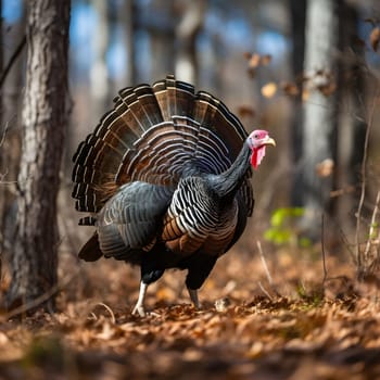 Big turkey in the woods. Turkey as the main dish of thanksgiving for the harvest. An atmosphere of joy and celebration.