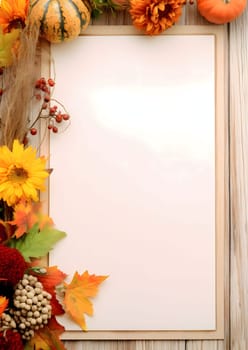 Frame with flowers, pumpkins and leaves on a light background.A frame embellished with flowers, pumpkins and leaves against a light background forms an elegant and visually appealing composition.