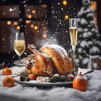 Roasted turkey around champagne glasses, falling snow and a Christmas tree. Turkey as the main dish of thanksgiving for the harvest. An atmosphere of joy and celebration.