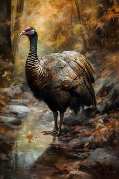 Illustration of a large turkey in the woods by a stream. Turkey as the main dish of thanksgiving for the harvest. An atmosphere of joy and celebration.