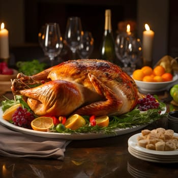 Set table in the middle of it roast turkey grapes lemons in the background, glasses, wine and candles. Turkey as the main dish of thanksgiving for the harvest. An atmosphere of joy and celebration.