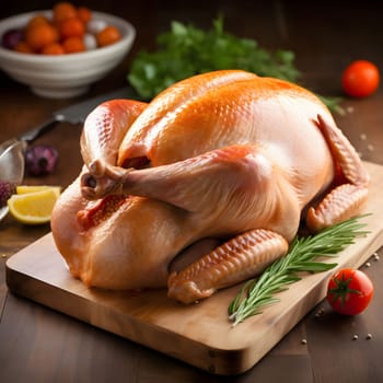 Raw chicken, turkey on a wooden kitchen board. Turkey as the main dish of thanksgiving for the harvest. An atmosphere of joy and celebration.