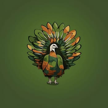 Logo turkey with rich plumage on green background. Turkey as the main dish of thanksgiving for the harvest. An atmosphere of joy and celebration.