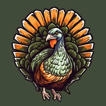 Logo, sticker; turkey with rich plumage on brown background. Turkey as the main dish of thanksgiving for the harvest. An atmosphere of joy and celebration.